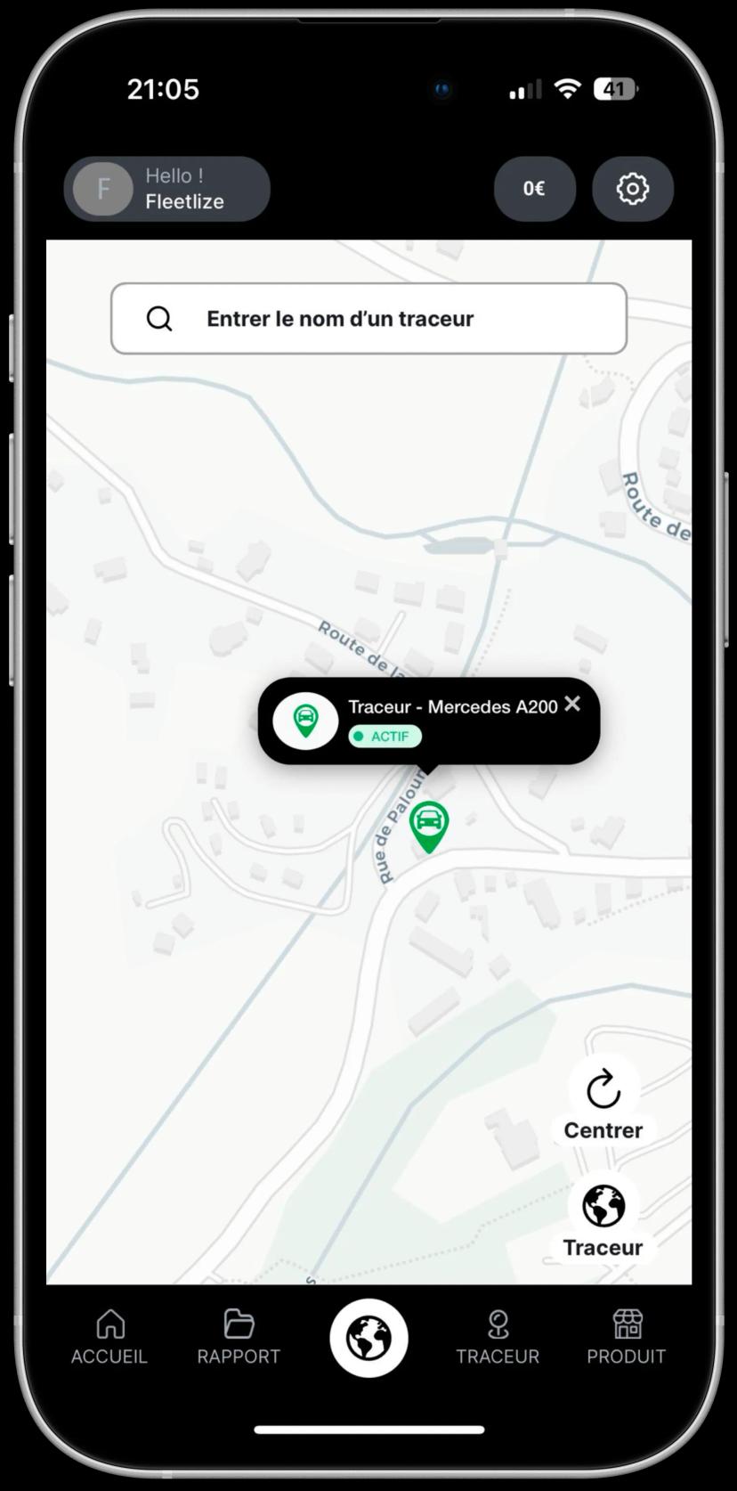 Application mobile Fleetlize montrant la carte de localisation des véhicules