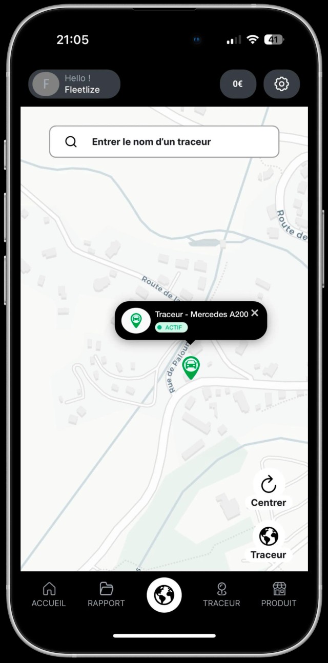 Carte interactive de l'application Fleetlize montrant le suivi en temps réel des véhicules