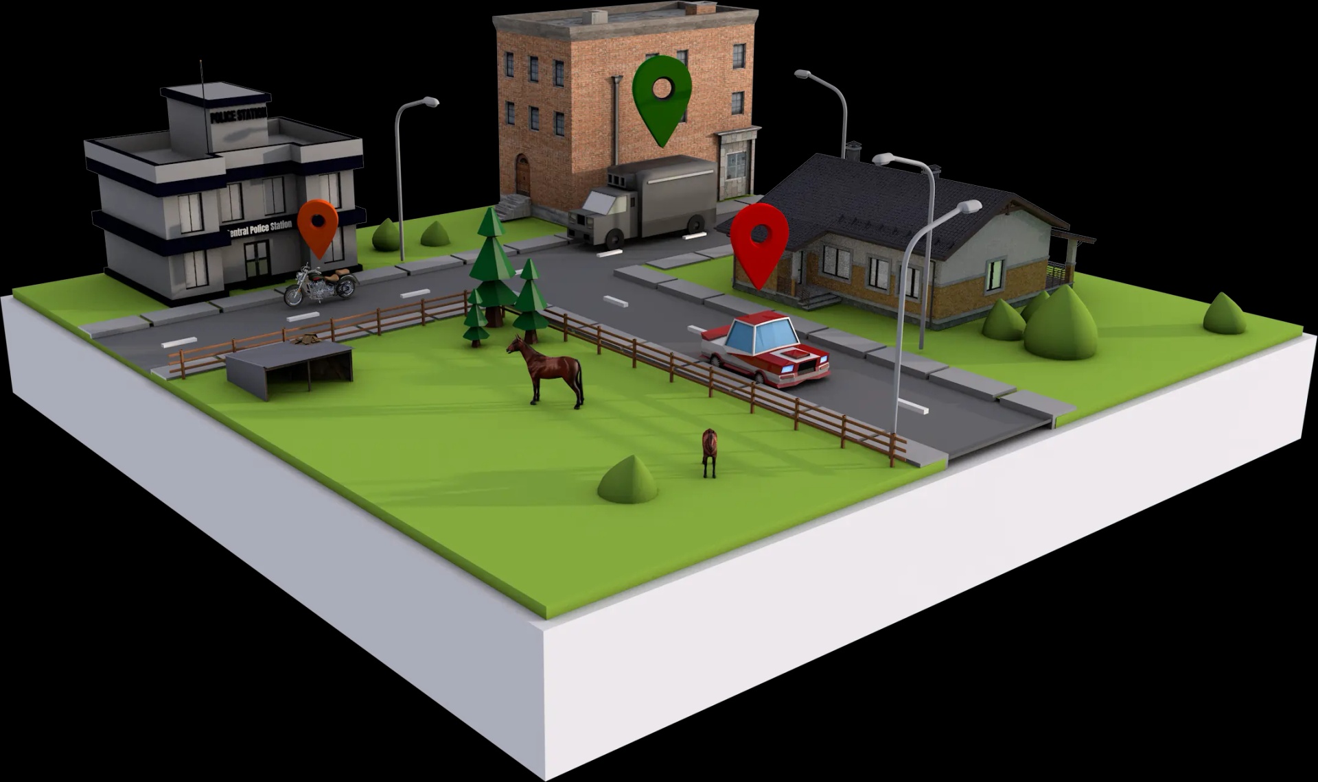 Carte 3D montrant des automobiles et l'activité des traceurs GPS